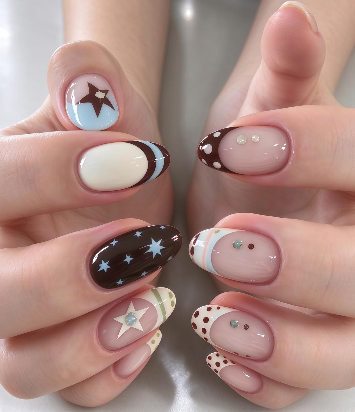 Blush Pink, Cream and Brown Star and Polka Dot French Tip Nail Set