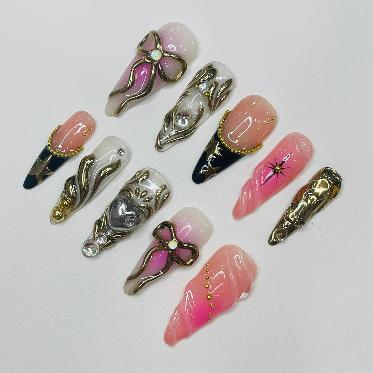 Blush Pink Fairy Tale Press On Nails With Sculpted Gold Details, Bows and Star Tips