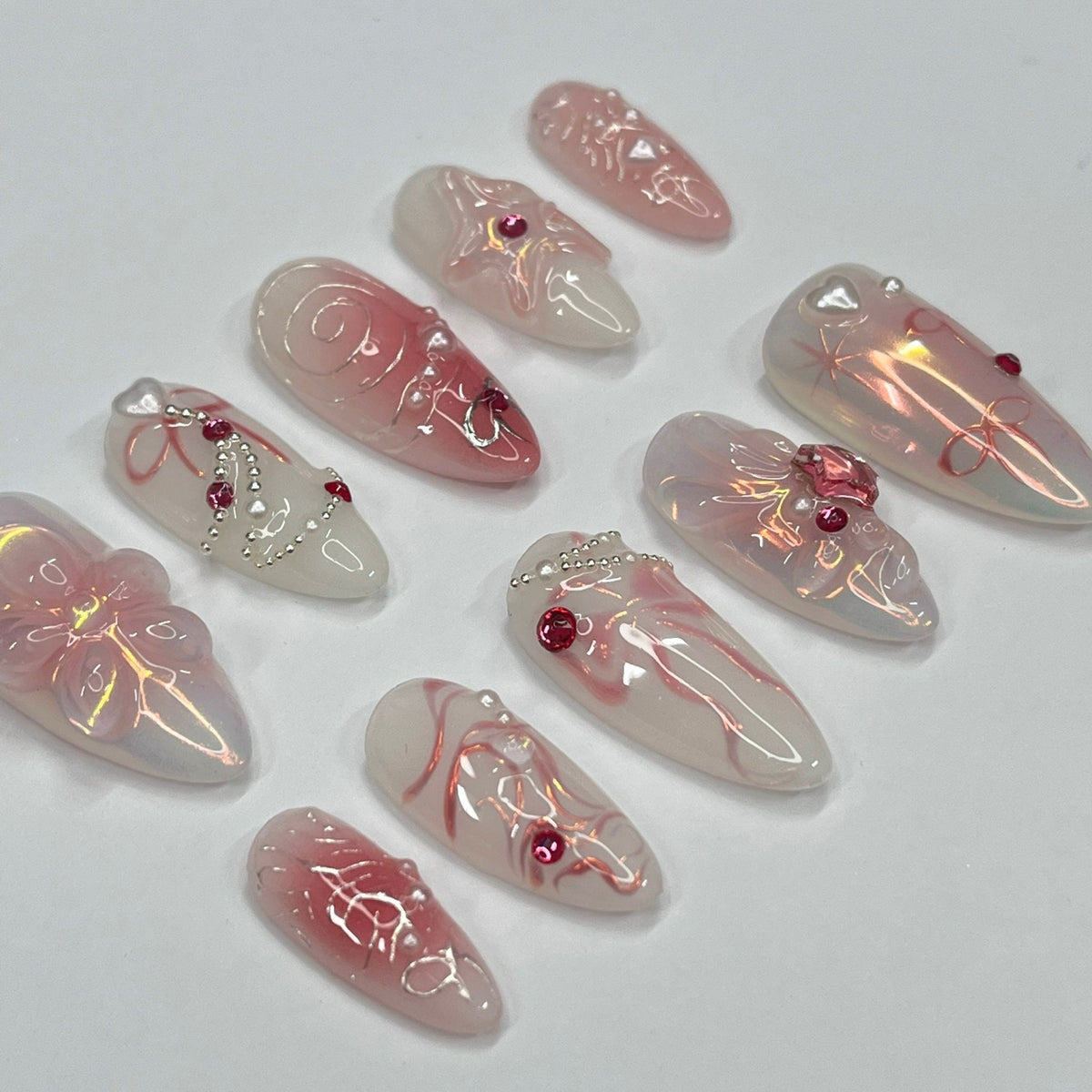 Blush Pink Floral and Bow Press On Nails with Rhinestones