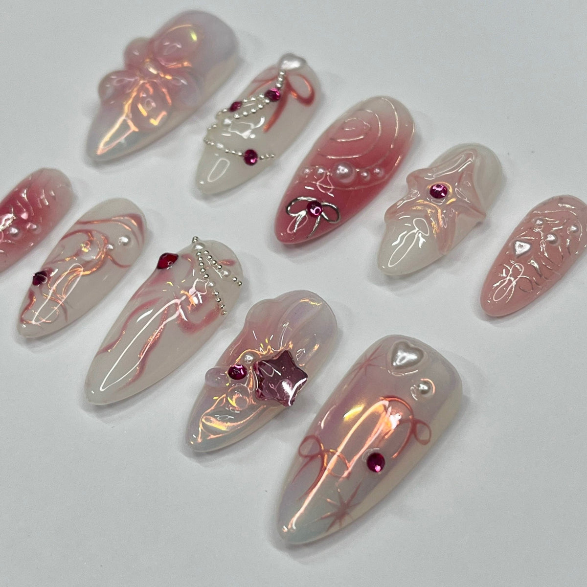 Blush Pink Floral and Bow Press On Nails with Rhinestones