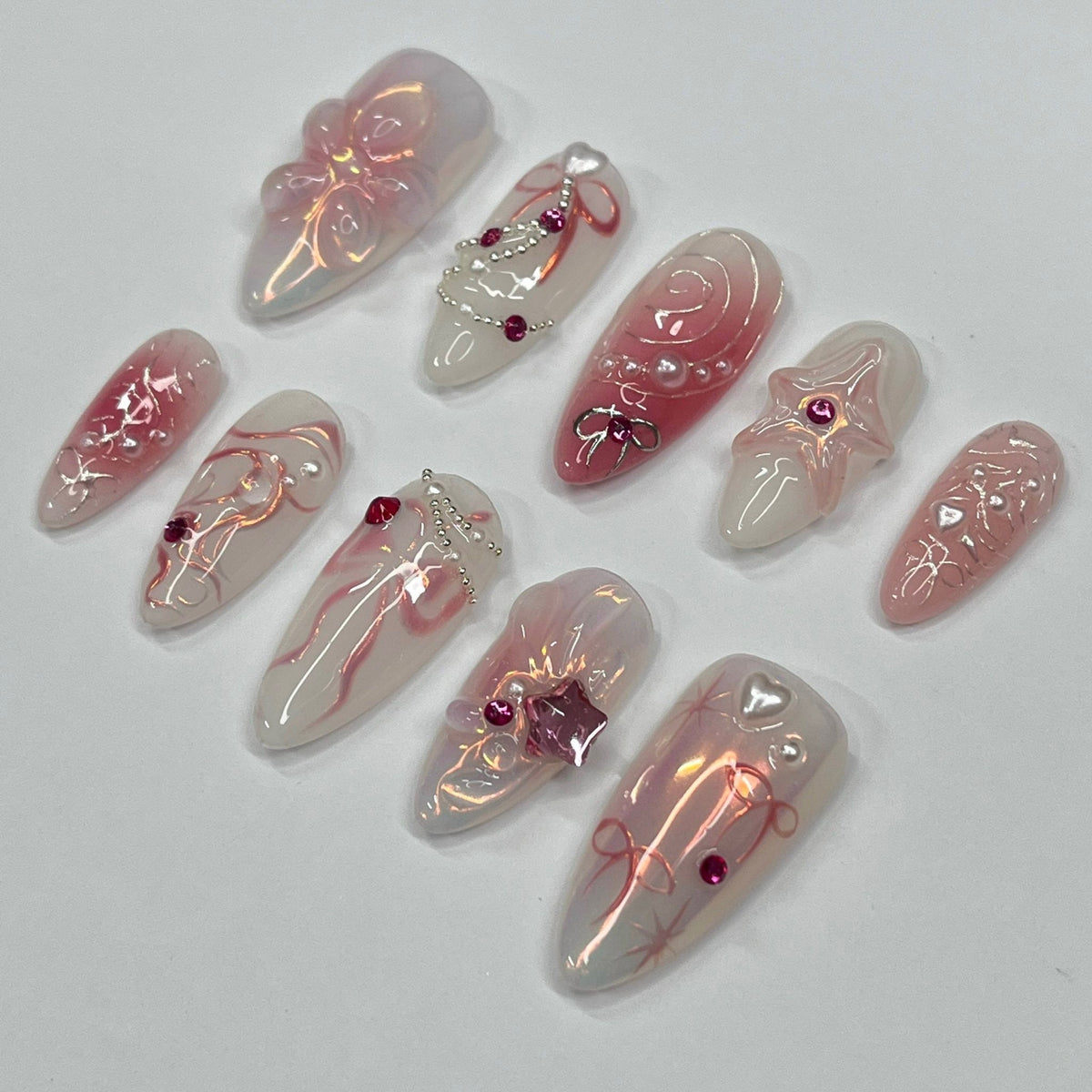 Blush Pink Floral and Bow Press On Nails with Rhinestones
