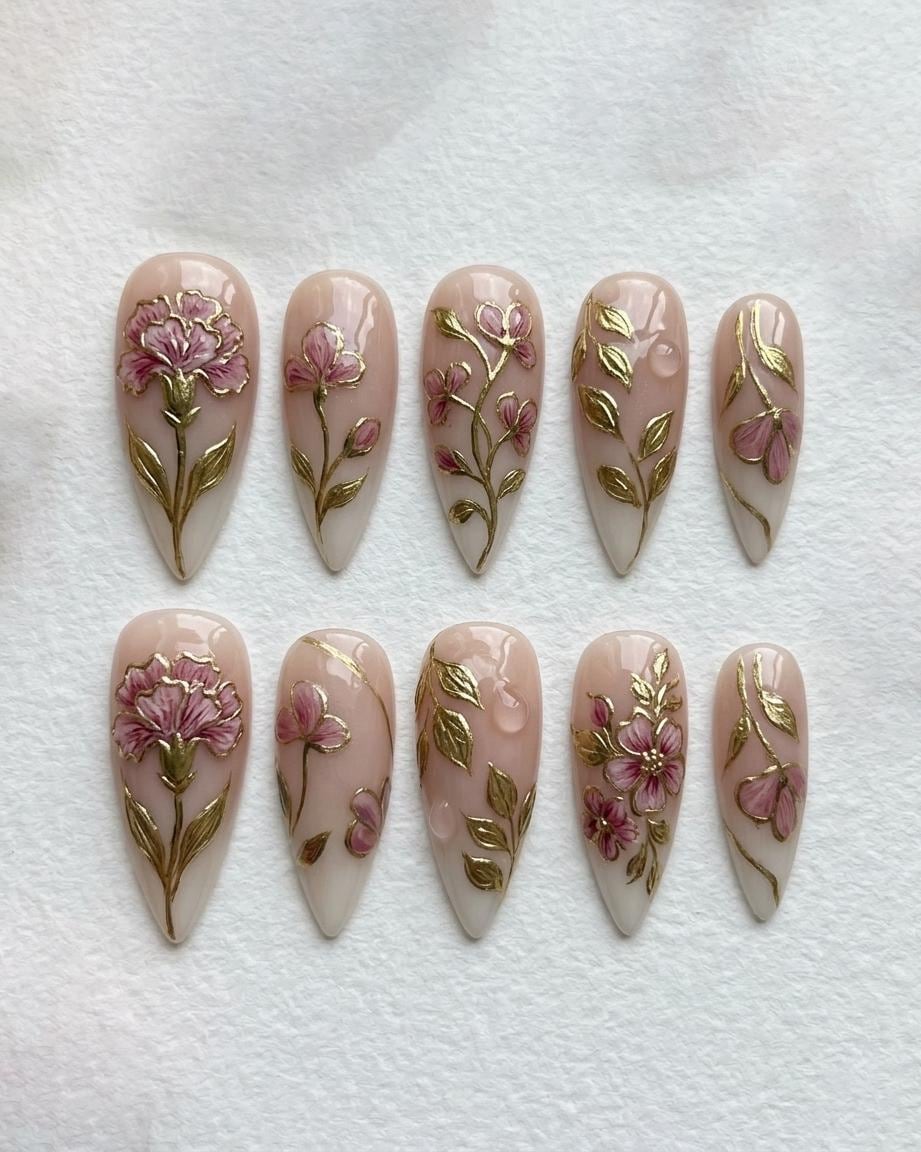 Blush Pink Floral Bridal Press On Nails with Raised Flowers and Gold Botanical Details