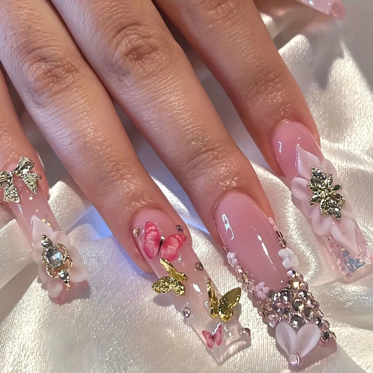 Blush Pink Floral Butterfly Press-On Nail Set With Gold Details