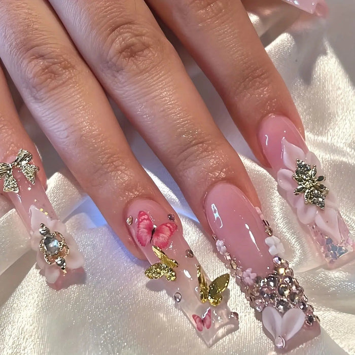 Blush Pink Floral Butterfly Press-On Nail Set With Gold Details