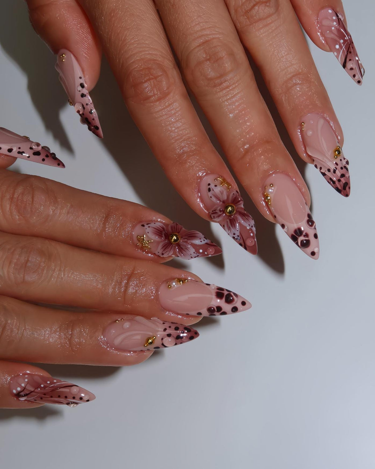 Blush Pink Floral Nail Set with Burgundy Spots and Gold Studs