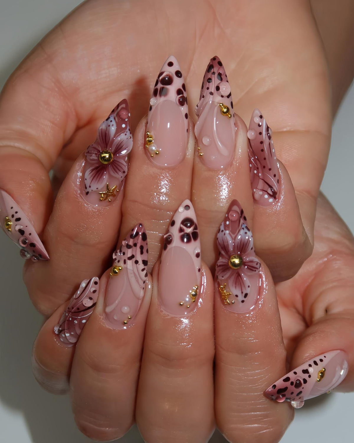 Blush Pink Floral Nail Set with Burgundy Spots and Gold Studs