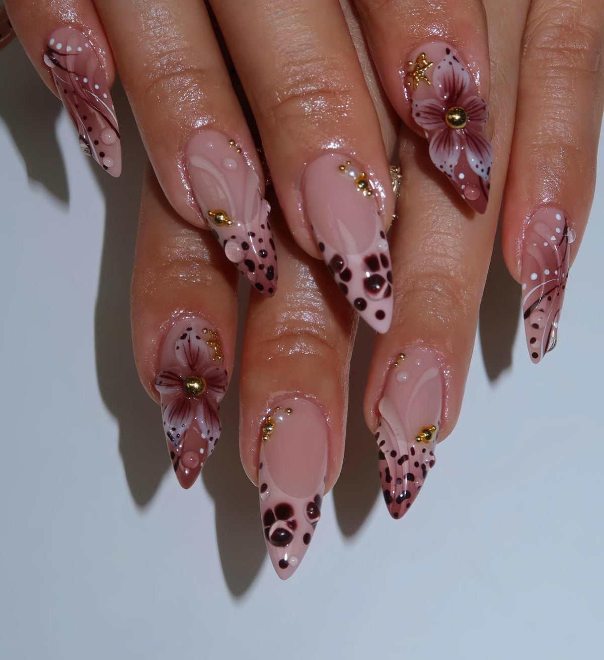 Blush Pink Floral Nail Set with Burgundy Spots and Gold Studs