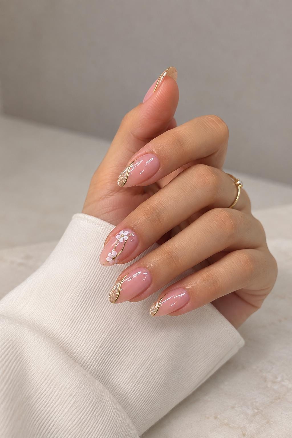 Blush Pink Floral Nails with Gold Glitter and Chrome Tips