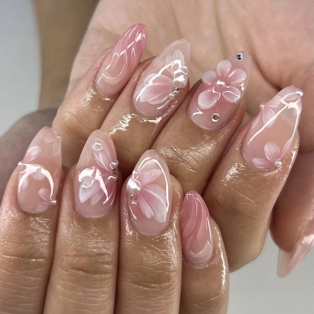 Blush Pink Floral Press On Nails With 3D Flowers