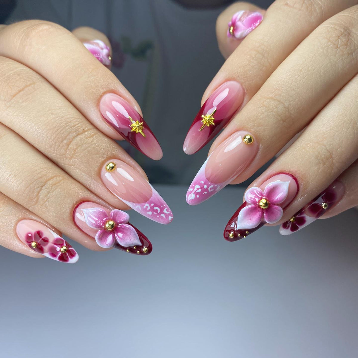 Blush Pink Floral Press-On Nails with 3D Flowers and Gold Starburst Accents