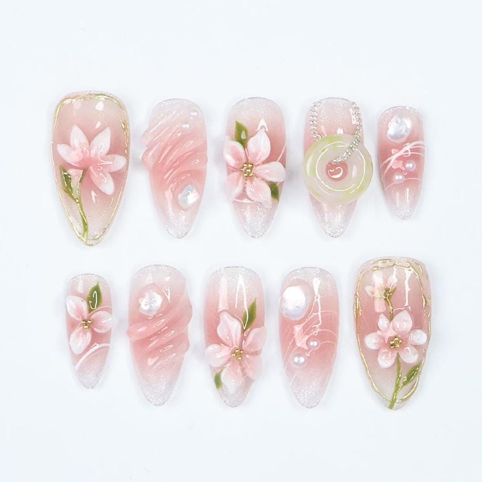 Blush Pink Floral Press On Nails With 3D Flowers, Gold Details and Pearl-Like Gems