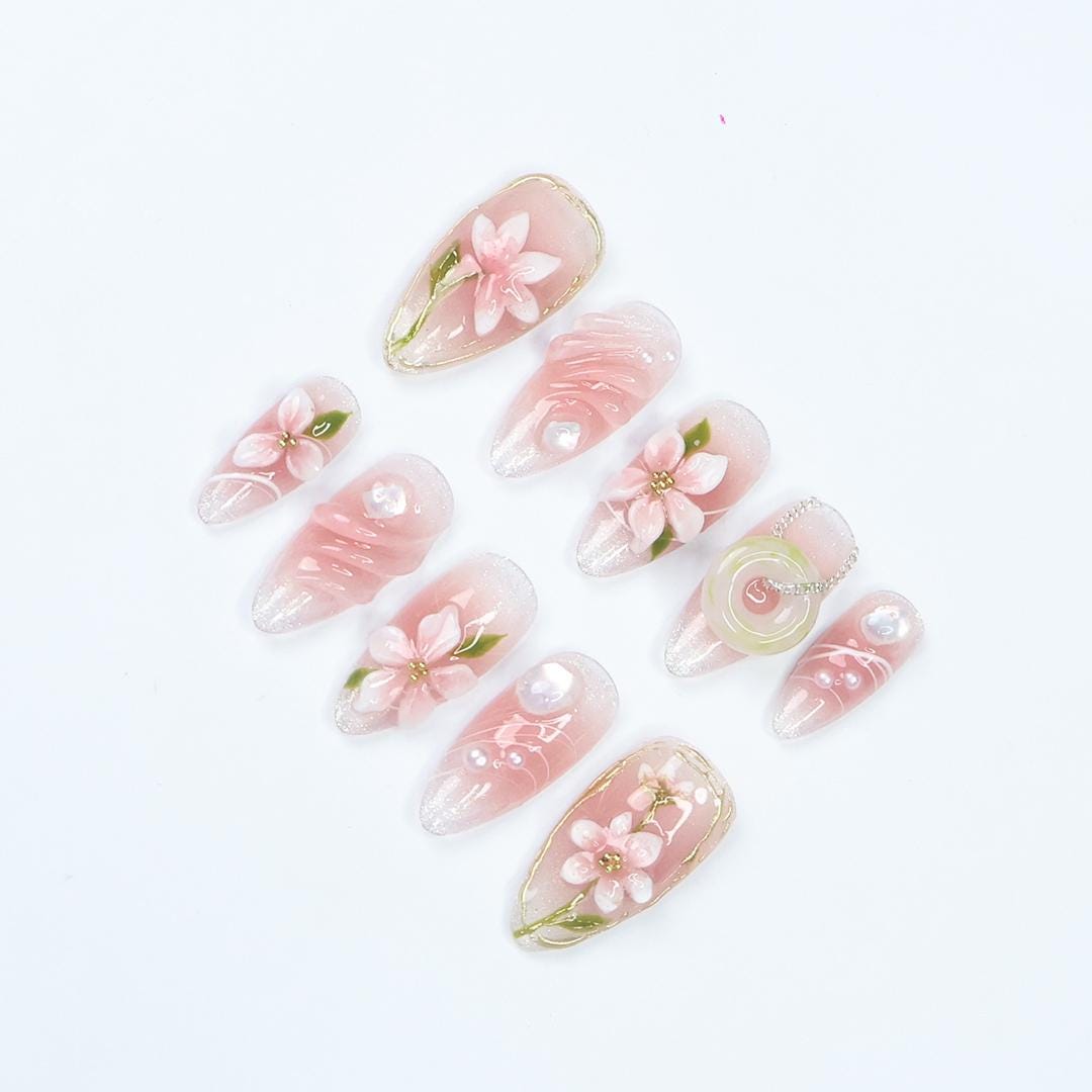 Blush Pink Floral Press On Nails With 3D Flowers, Gold Details and Pearl-Like Gems