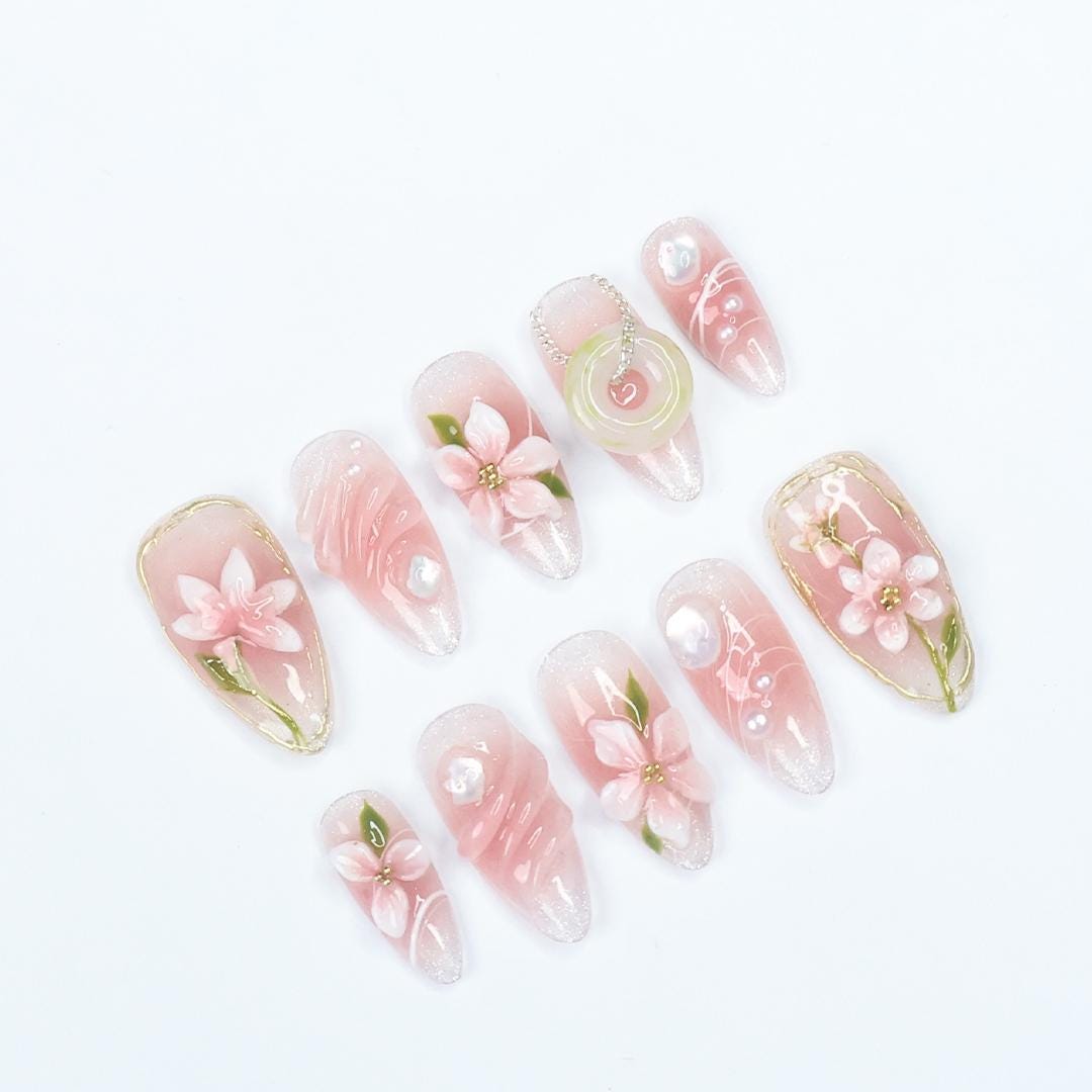 Blush Pink Floral Press On Nails With 3D Flowers, Gold Details and Pearl-Like Gems