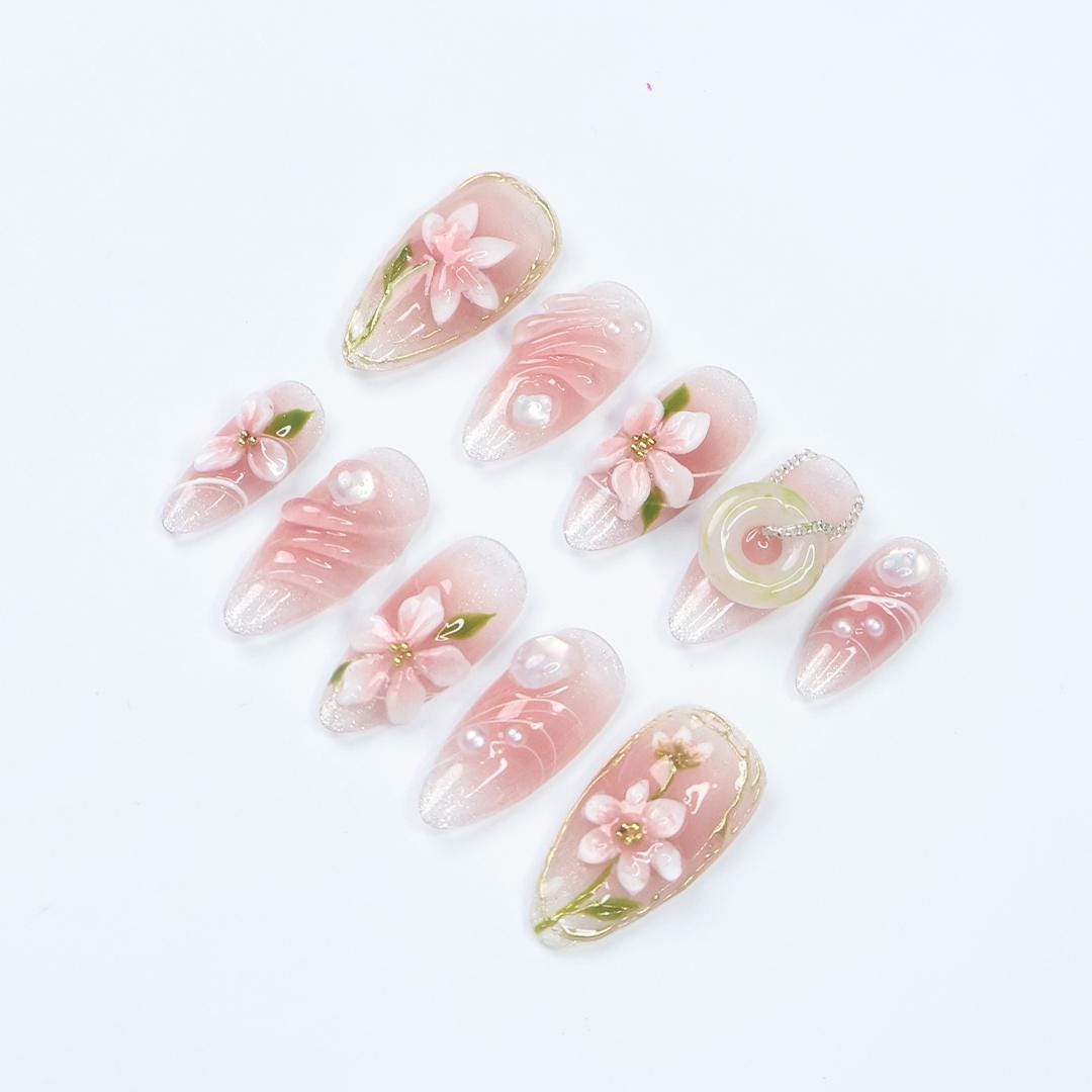 Blush Pink Floral Press On Nails With 3D Flowers, Gold Details and Pearl-Like Gems