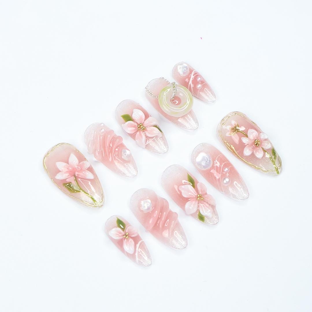 Blush Pink Floral Press On Nails With 3D Flowers, Gold Details and Pearl-Like Gems