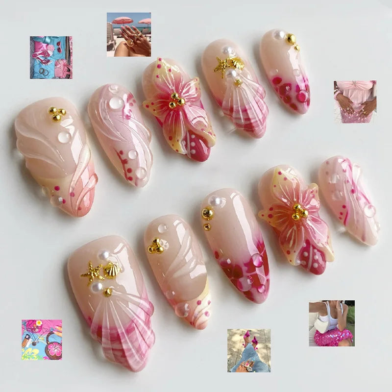 Blush Pink Floral Press On Nails with 3D Shell Details and Gold Accents