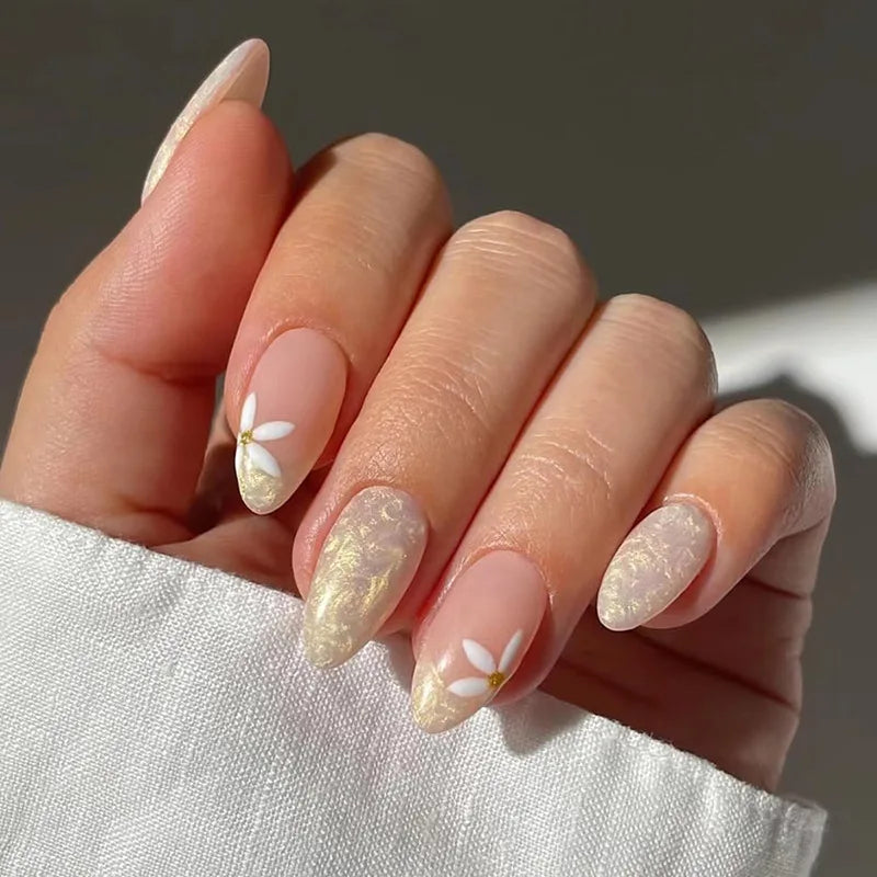 Blush Pink Floral Press On Nails With Gold Glitter