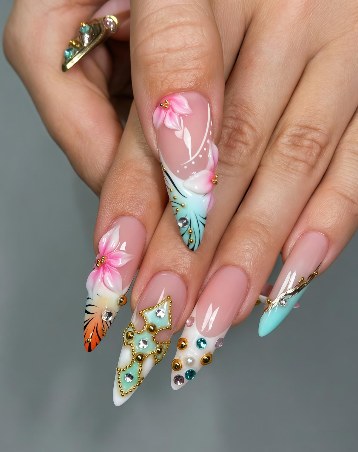 Blush Pink Floral Press On Nails with Mint Tips and Jeweled Gold Details
