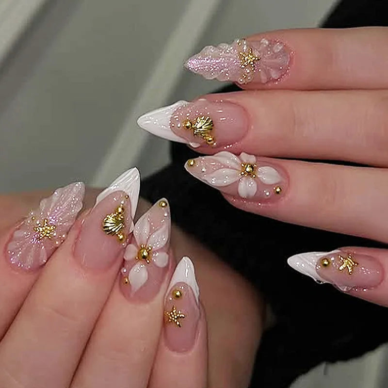Blush Pink Floral Press On Nails with Pearly Flowers and Gold Charms
