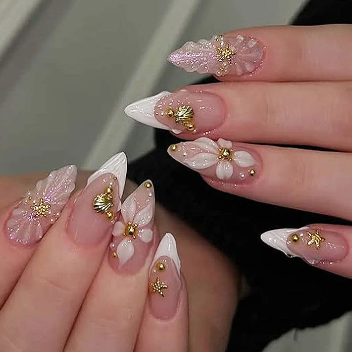Blush Pink Floral Press On Nails with Pearly Flowers and Gold Charms