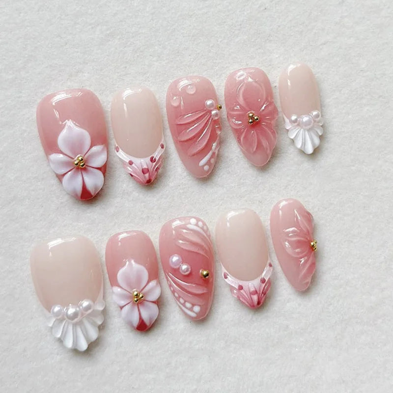 Blush Pink Flower and Shell Embellished Press On Nails