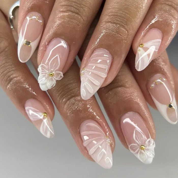 Blush Pink French Swoop Press On Nails with 3D White Flowers and Gold Details