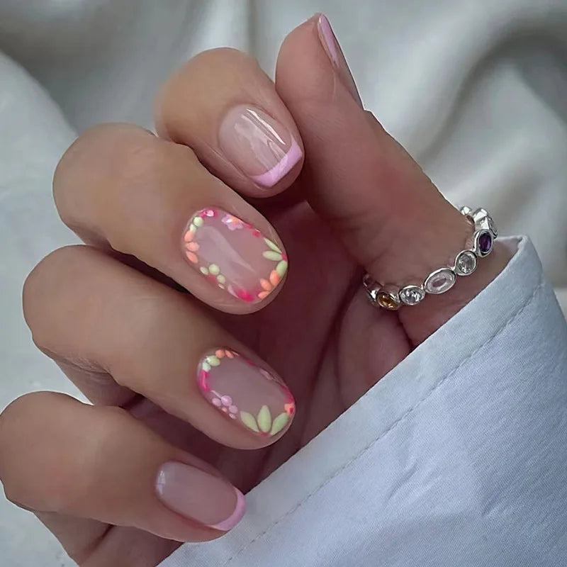 Blush Pink French Tip Floral Accent Press On Nails