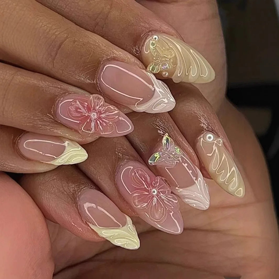 Blush Pink French Tip Nail Set with 3D Flowers and White Swirls