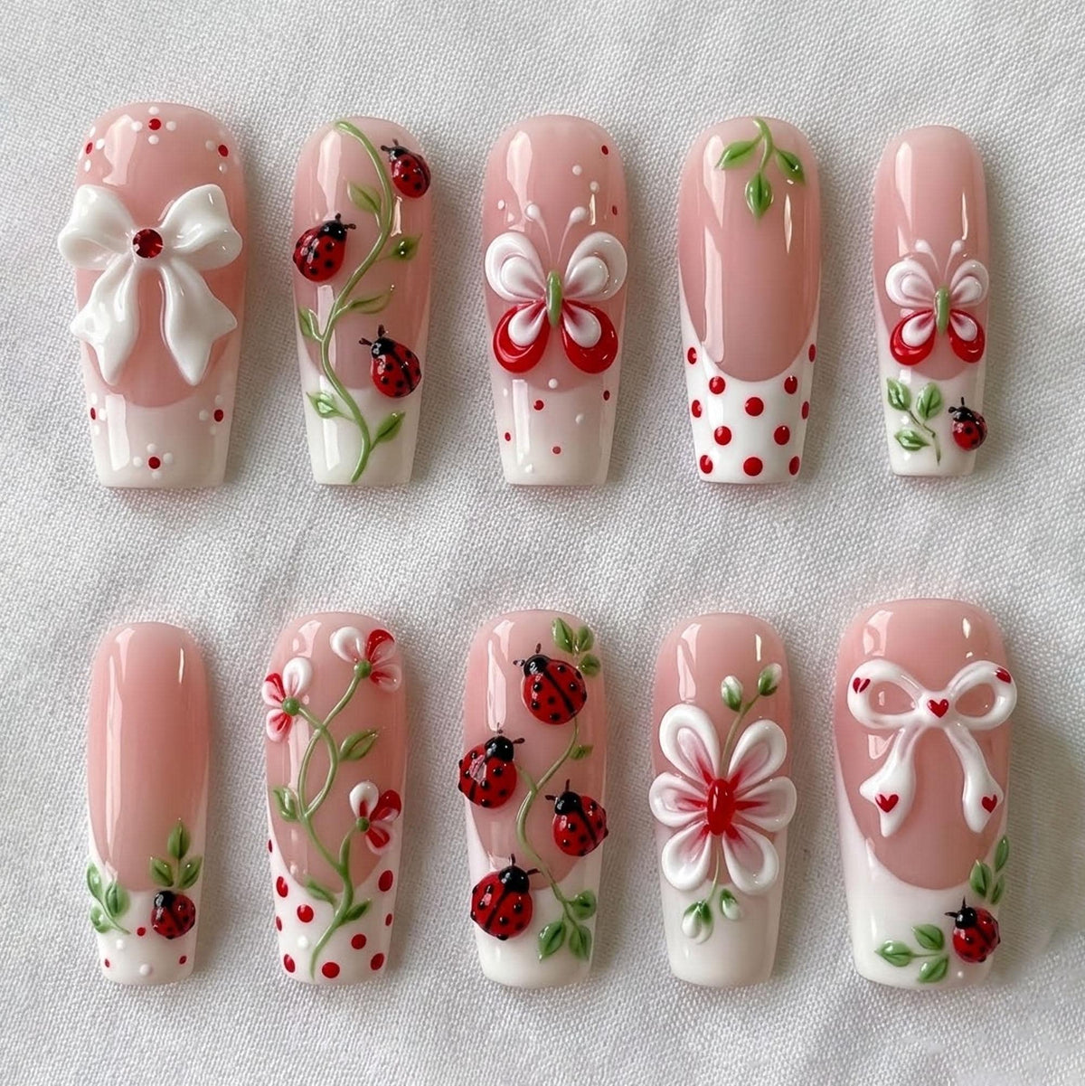 Blush Pink French Tip Nail Set with 3D Flowers, Bows and Ladybugs