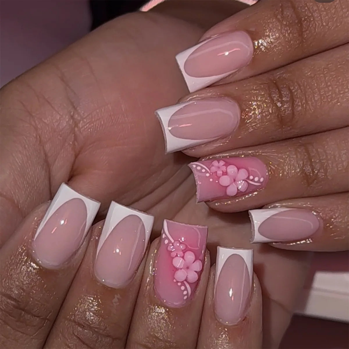 Blush Pink French Tip Nail Set With Floral Accents