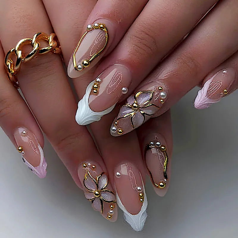 Blush Pink French Tip Nail Set With Gold Flowers and Raised Details