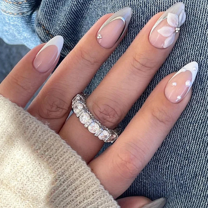 Blush Pink French Tip Press On Nails With 3D Flowers and Pearl Accents