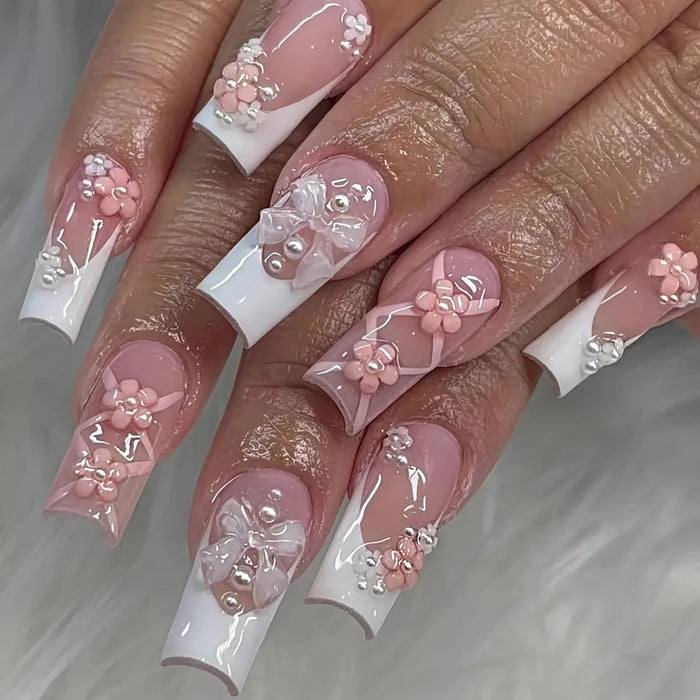 Blush Pink French Tip Press On Nails with 3D Flowers, Pearls and Rhinestones