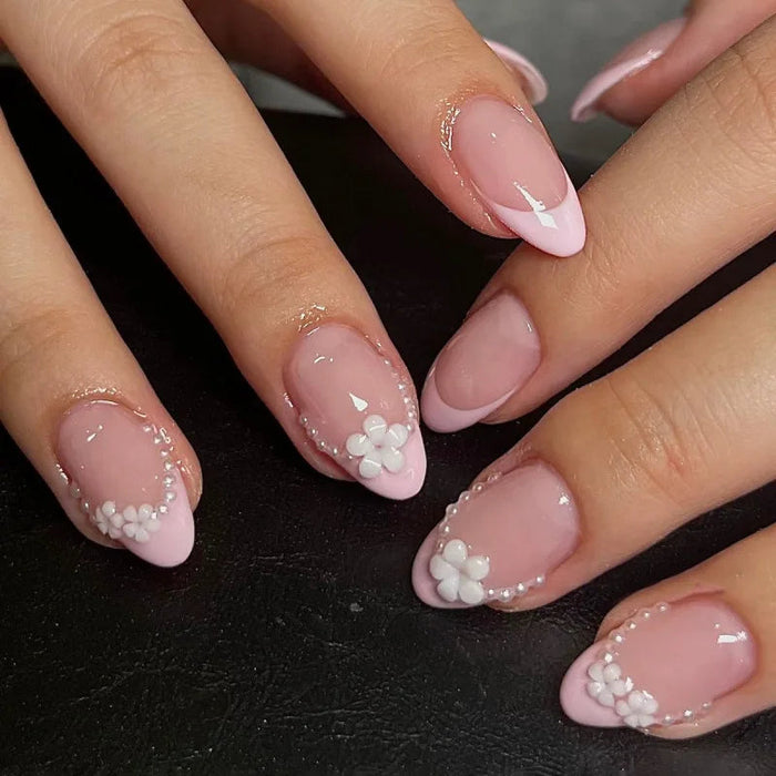 Blush Pink French Tip Press On Nails with 3D White Daisies and Pearl Accents