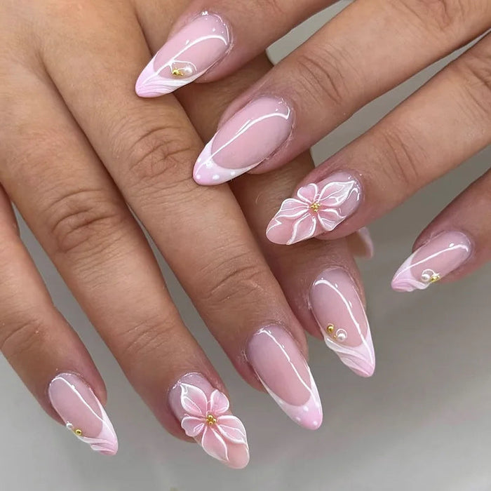 Blush Pink French Tip Press On Nails with Pink Flowers, White Linework and Gold-Tone Accents