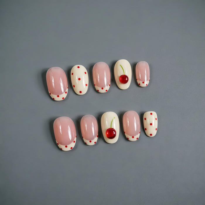 Blush Pink French Tip Press On Nails with Red Polka Dots and 3D Cherries