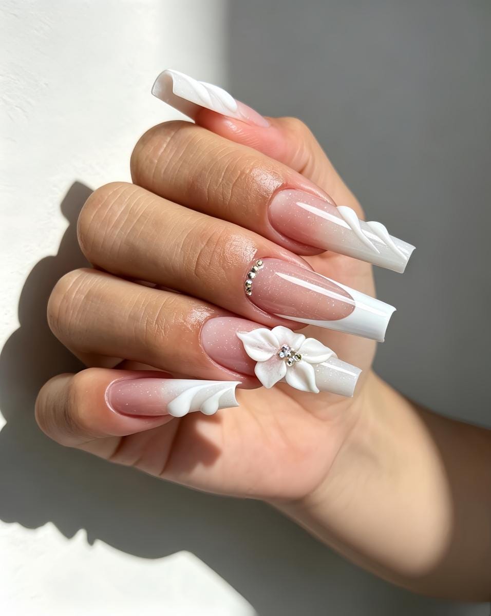 Blush Pink French Tip Press On Nails with 3D White Flower, Rhinestones, and Wedding Design
