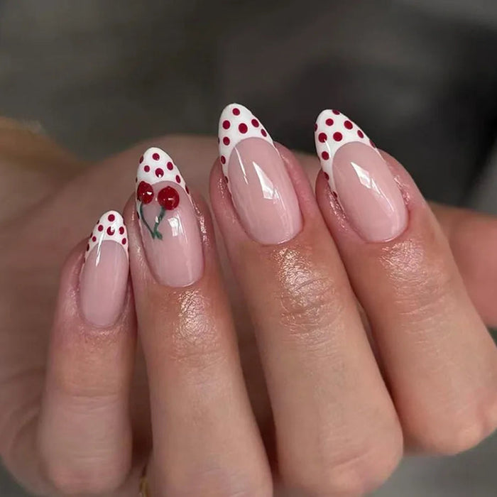 Blush Pink French Tip Press On Nails with Burgundy Dots and Cherry Accent