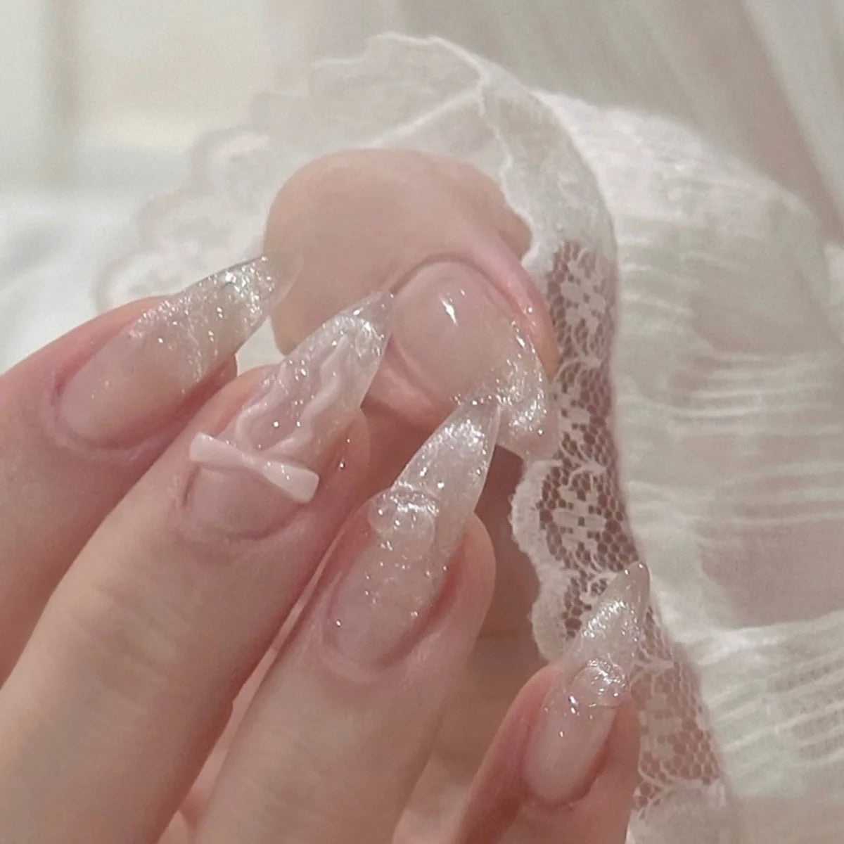 Blush Pink French Tip Press On Nails with Glitter and Raised White Bow