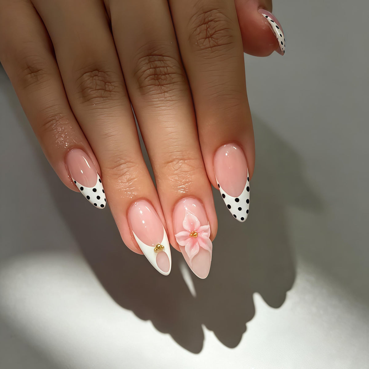 Blush Pink French Tip Press On Nails with Polka Dots and Floral Gold Accents for Spring Weddings