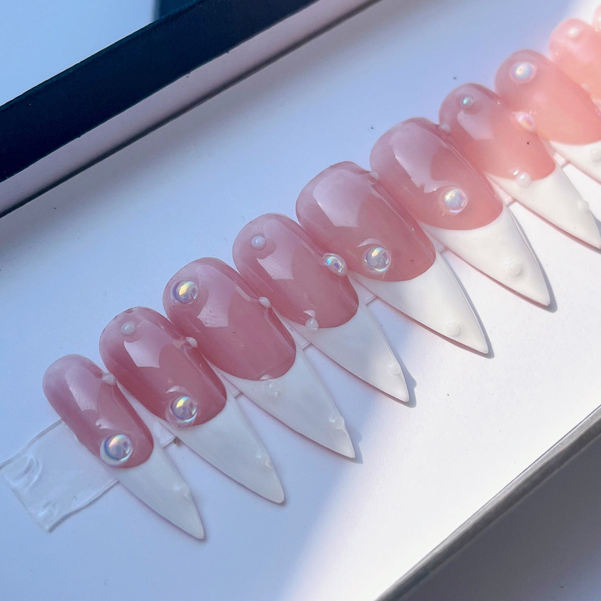 Blush Pink French Tip Press On Nails with Raised Pearl-Like Accents