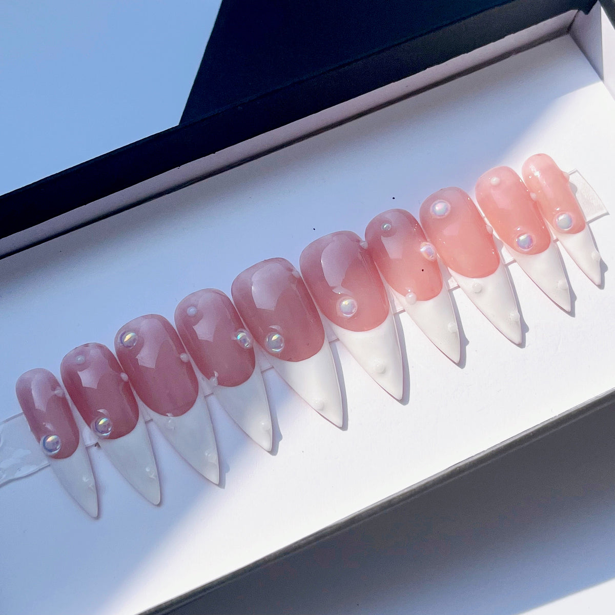 Blush Pink French Tip Press On Nails with Raised Pearl-Like Accents