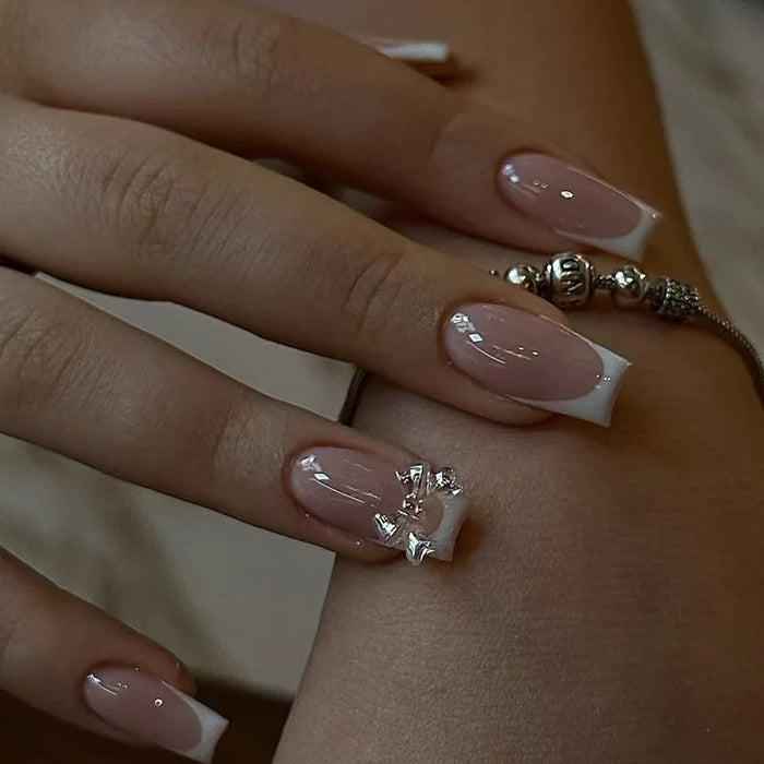 Blush Pink French Tip Press On Nails with Rhinestones and Silver-Tone Charms