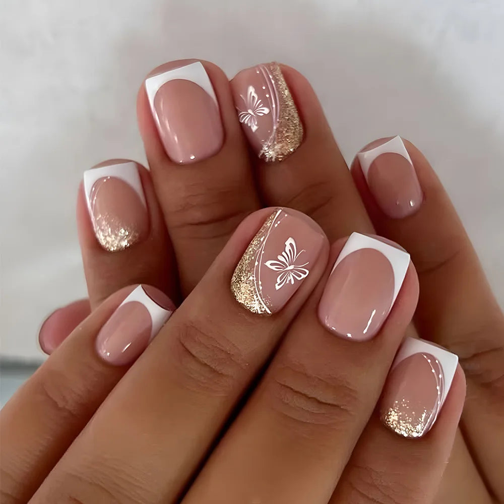 Blush Pink French Tip Press On Nails with White Floral Line Art and Gold Glitter