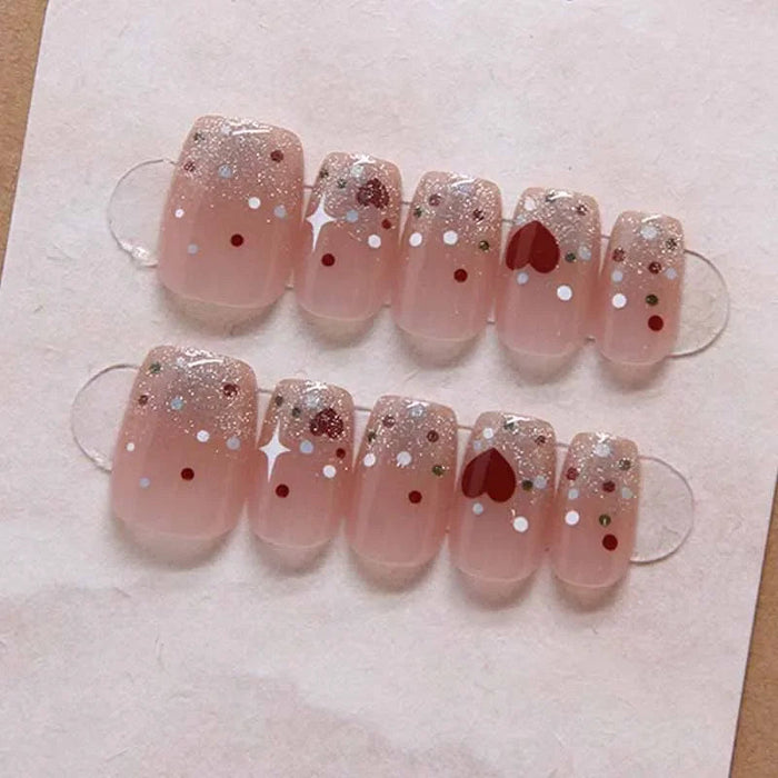 Blush Pink Glitter Heart and Dot Press On Nails