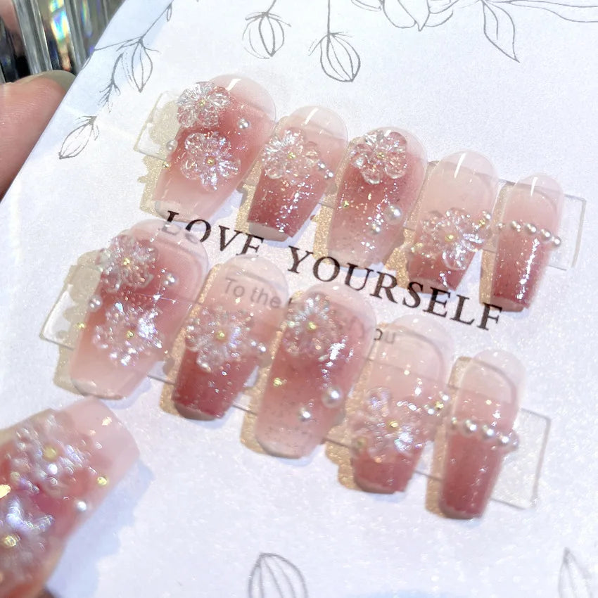 Blush Pink Glitter Press On Nails with Pearl and Rhinestone Clusters