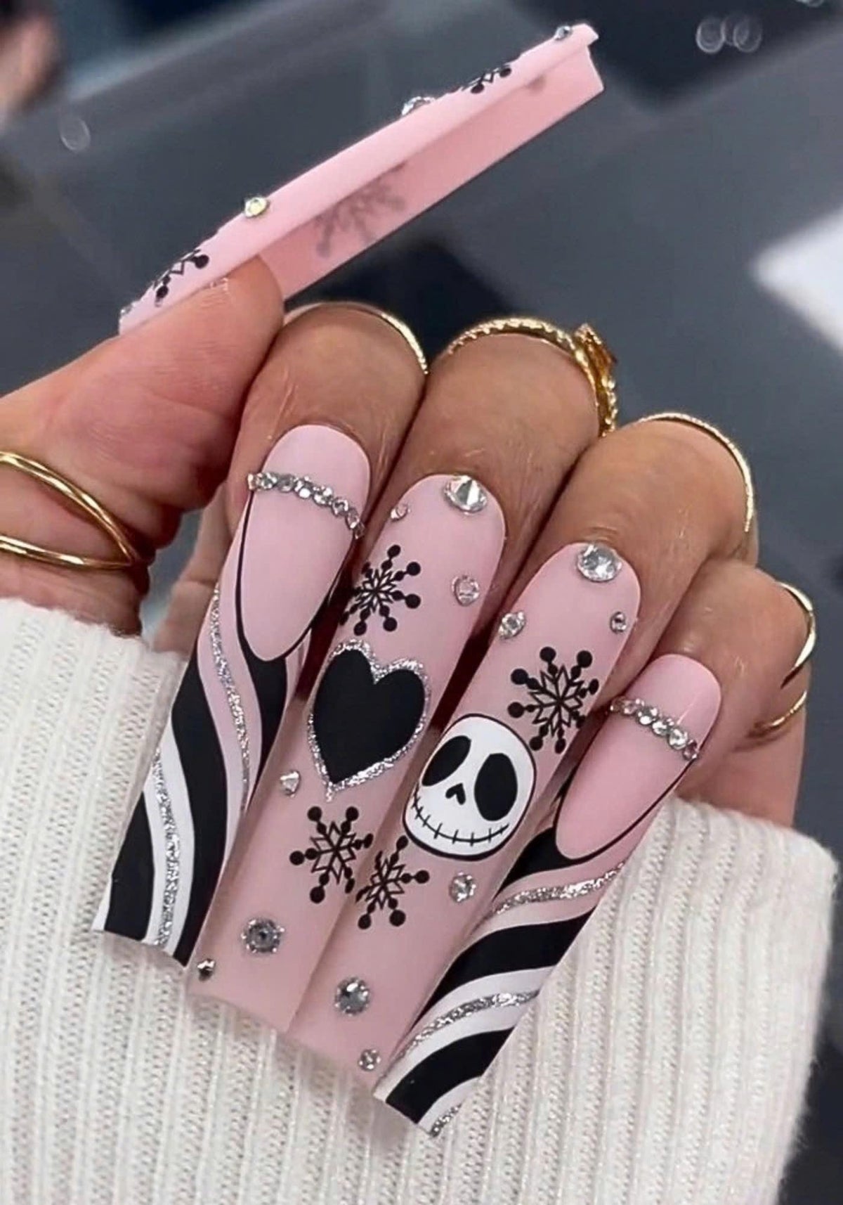 Blush Pink Gothic Skull and Snowflake Press On Nails With Rhinestones