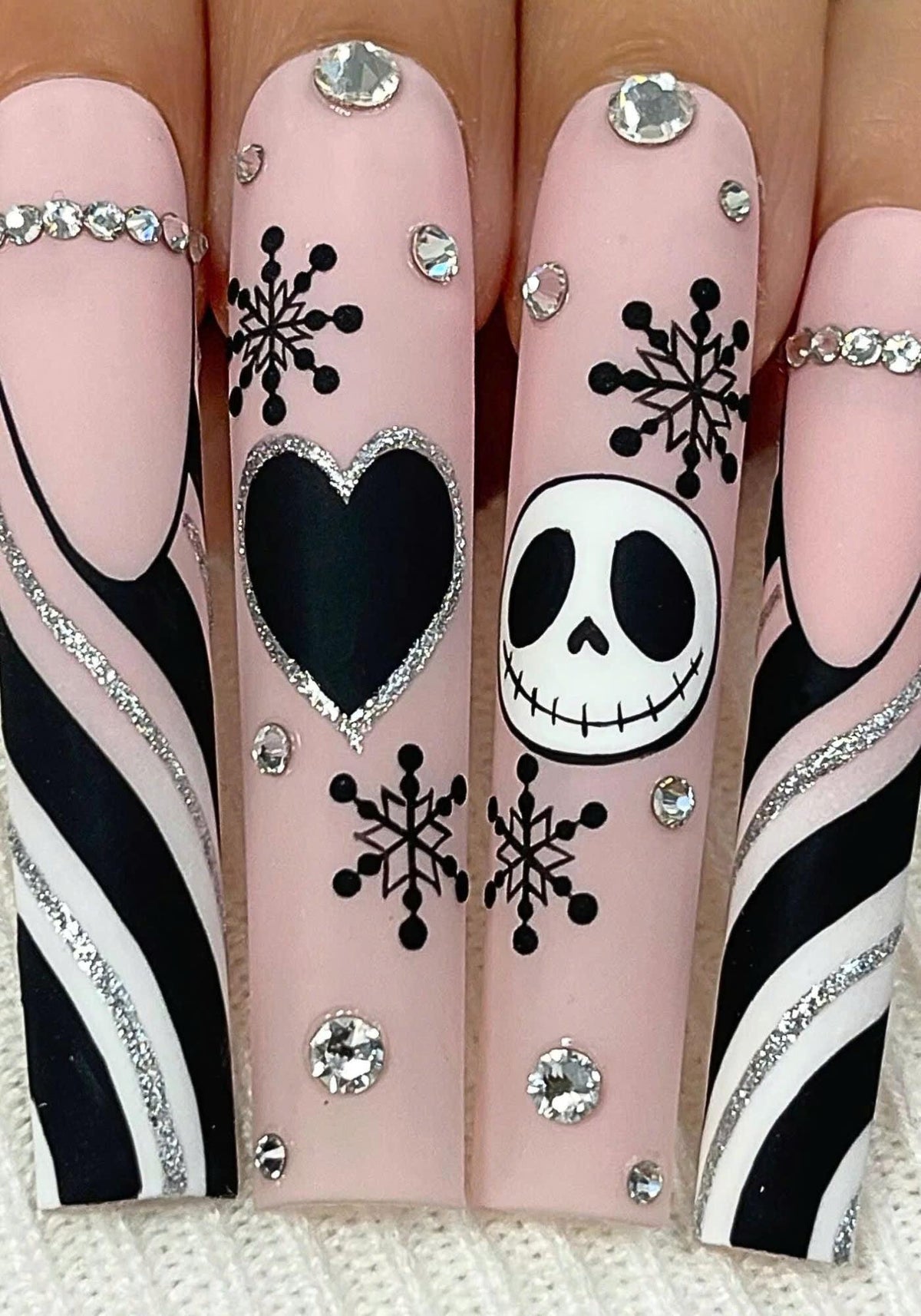 Blush Pink Gothic Skull and Snowflake Press On Nails With Rhinestones