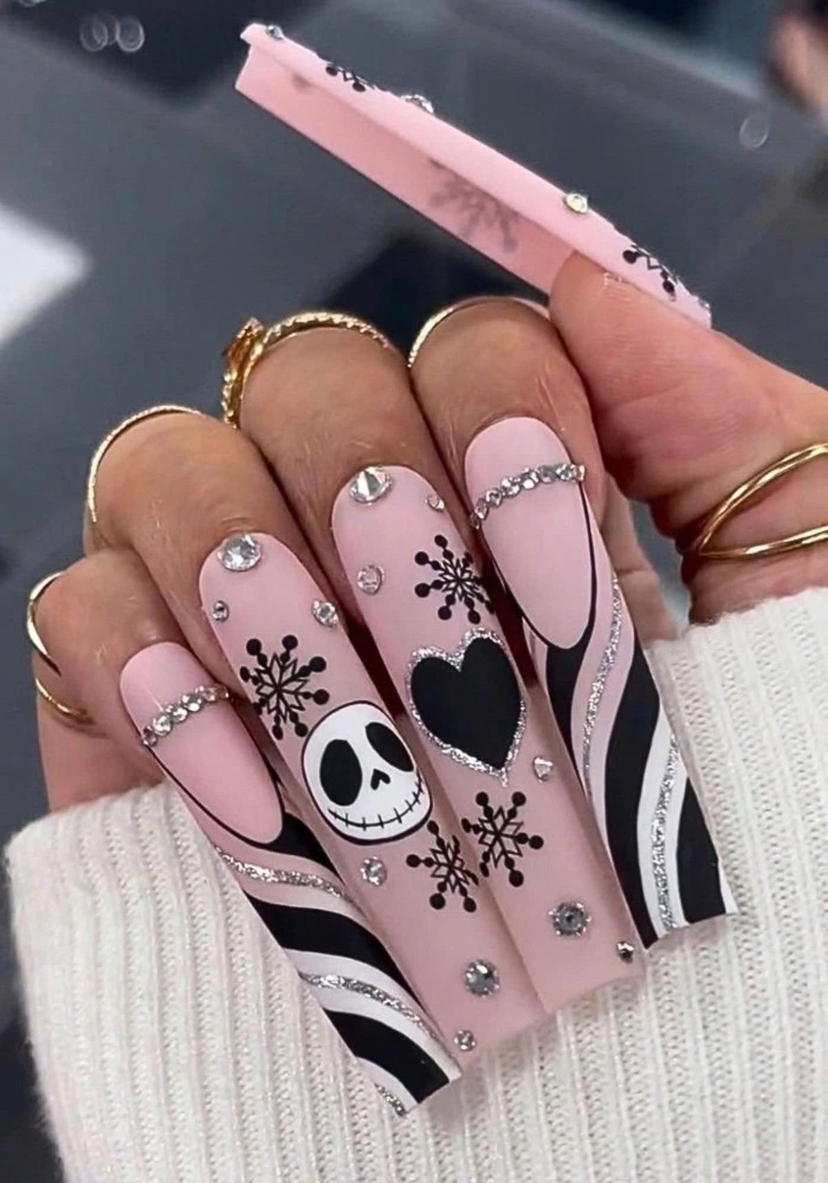 Blush Pink Gothic Skull and Snowflake Press On Nails With Rhinestones