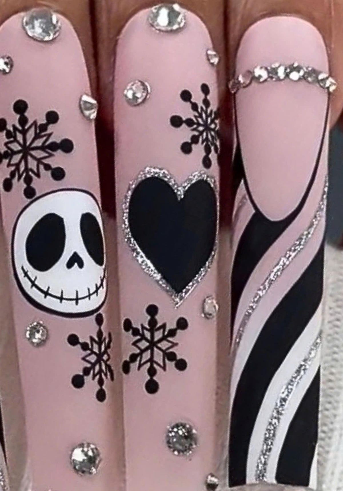 Blush Pink Gothic Skull and Snowflake Press On Nails With Rhinestones